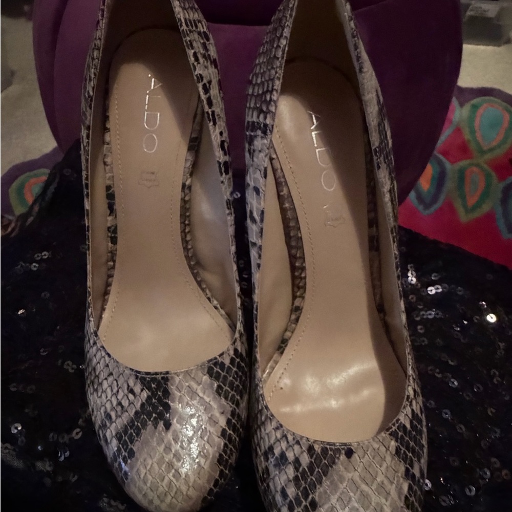 ALDO Leather Snakeskin Heels - Black and Cream